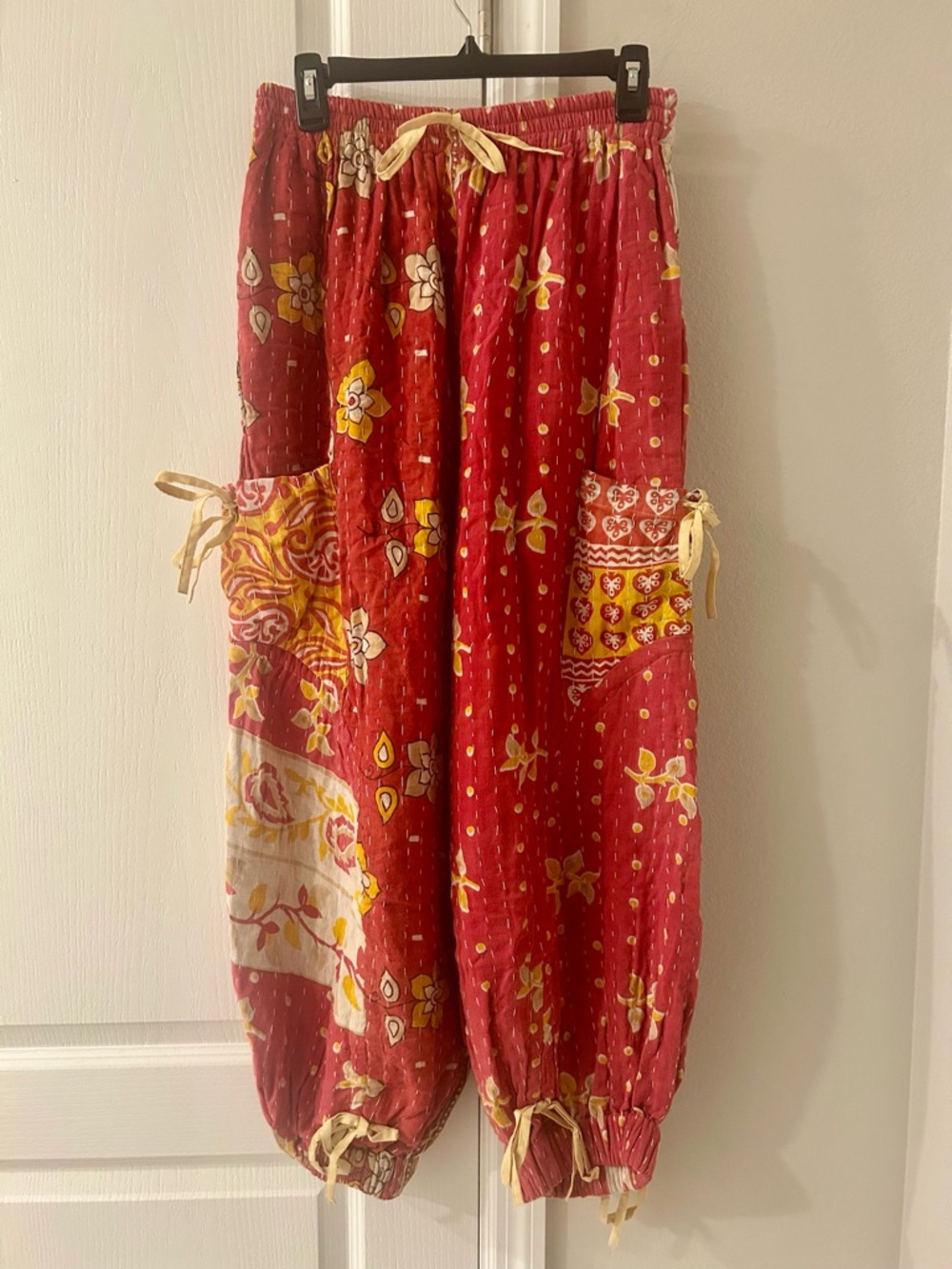 Red and Pink Floral Boho Kantha Jogger Pants